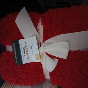 Red Faux Shearling Blanket with Ribbon